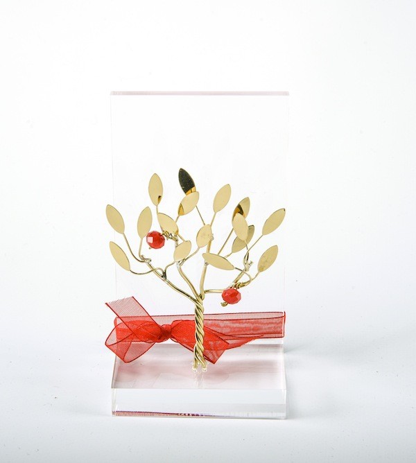 Handmade gift bronze business card case with pomegranate tree in plexiglass.