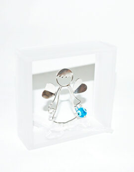 Handmade sterling silver 925 guardian angel in plexiglass wall frame .Christening or first birthday baby gift